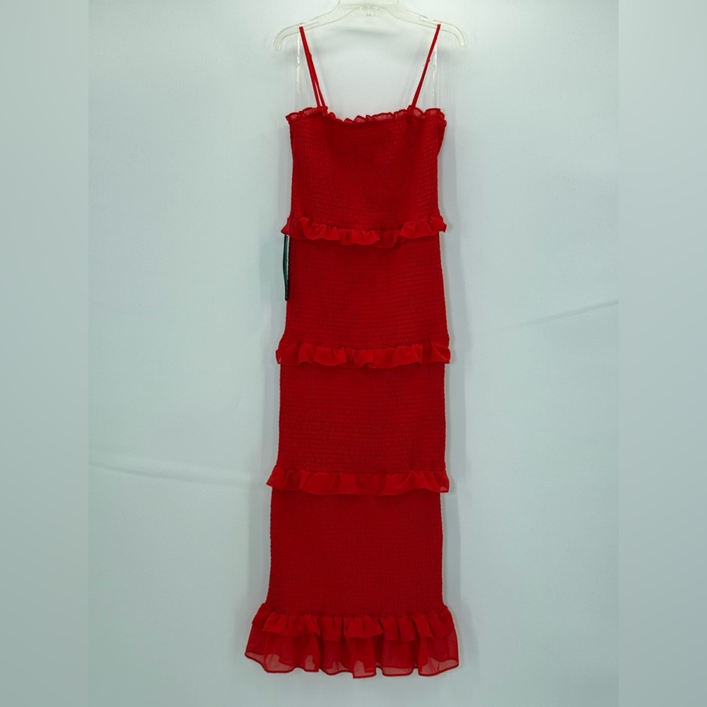 Bebe Stunning Red Smocked Midi Dress with Ruffle Tiers Bodycon Party Dress SZ M - Picture 3 of 13